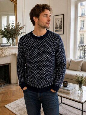 NWT Magaschoni Men's Cotton Knit Crewneck Sweater Navy Patterned Chunky Warm L